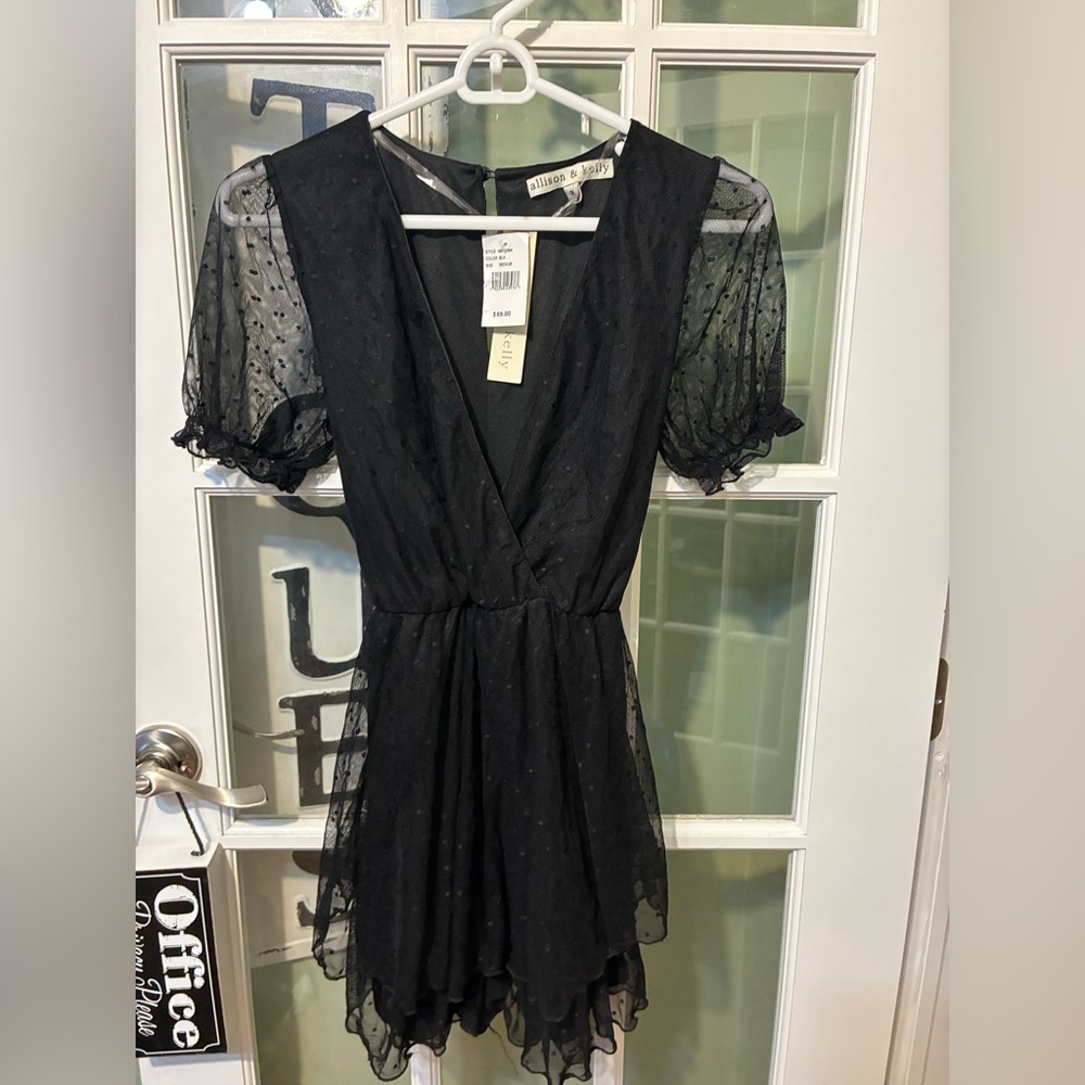 NWT Allison & Kelly Black Swiss Dot Sheer Puff Sleeve Romper Tie Back Size M